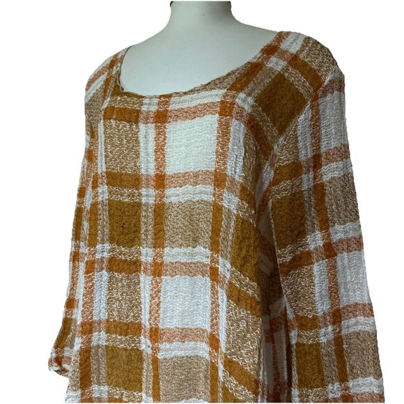 Marilu Orange Italian Linen Top Open Knit Lagenlook Plaid Tunic Shirt XL - Picture 2 of 16